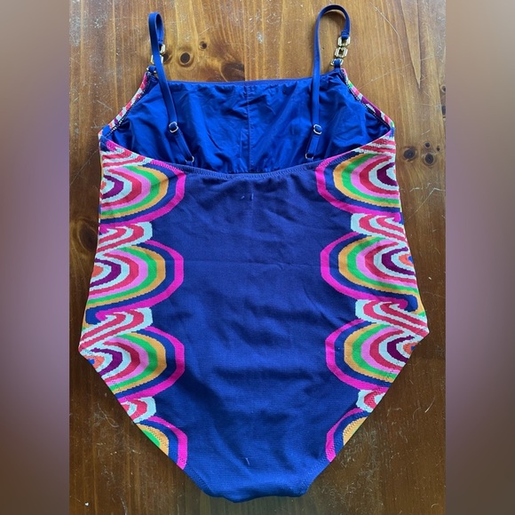 Trina Turk Navy Blue Rainbow Swirl One Piece Swimsuit High Waisted 80s Style; 14 - Picture 7 of 9